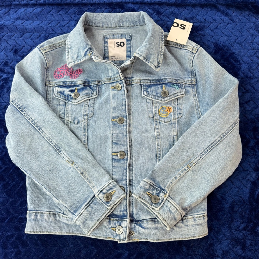 SO Girls Light Wash Embroidered Denim Jacket Sz M 8 Blue Smiley Butterfly Flower